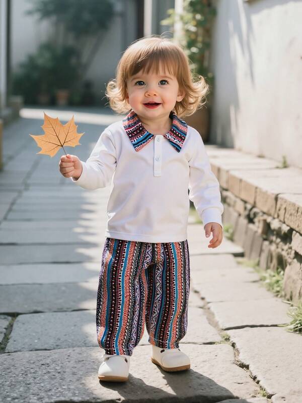 Conjunto de 2 piezas de camisa polo de manga larga con cuello estampado + pantalones deportivos estampados para bebé niño en otoño/invierno