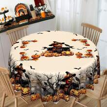 1 pieza Mantel con tema de Halloween, estampado desgastado de calabaza espeluznante, espantapájaros, murciélago, cuervo, árbol marchito, decoración para fiesta de Halloween, fiesta de otoño, decoración del hogar para días festivos, apto para interior y exterior, redondo/rectangular/mantel - Multicolor - Ver 14