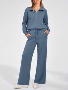 Women's 2 Piece Outfits Casual Lapel Half Zip Sweatshirts And Wide Leg Pants Tracksuit Sets - 灰藍色 - 查看 5
