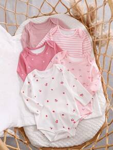 5pcs/Set Infant & Baby Girl Comfortable Cute Casual Long Sleeve Bodysuit Set, Spring/Autumn - Multicolor - View 1