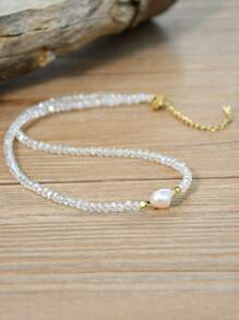 Minimalist Water Pearl Necklace, Adjustable Crystal Choker Necklace, Everyday Jewelry Gift