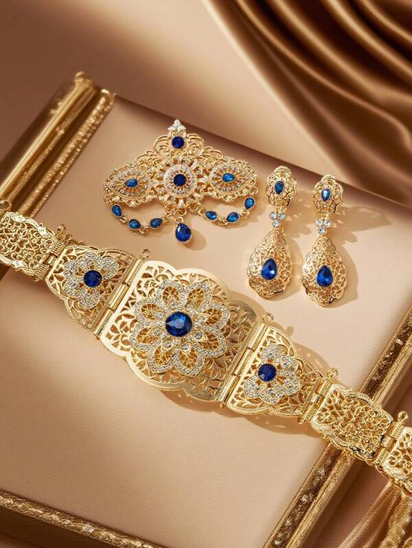 1pc Moroccan Waist Belt, 1pc Crystal Brooch, 1pc Earring Set, Algerian Wedding Jewelry Bridal Gift