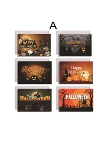 6 arkuszy/opakowanie, kartka z życzeniami na Halloween – pusta w środku, karta z zaproszeniem na Halloween, zestaw kartek informacyjnych – kartki z życzeniami w różnych wzorach z okładką w stylu vintage Halloween na życzenia, pamiątki i prezenty świąteczne (z 6 kopertami i 6 okrągłymi naklejkami), niezbędne artykuły na święta