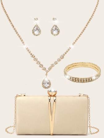 女士钻石珠宝闪耀奢华项链耳环手链套装，个性化丁字V形金属链，配可拆卸链条，闪耀轻盈。商务休闲水钻装饰迷你抽绳包，晚宴包，晚宴包，魅力四射，优雅精致，低调奢华水钻，适合派对女孩、女士、新娘，完美适用于派对、晚宴/宴会、圣诞派对礼服，与伴娘团完美搭配，是新娘送礼会的最佳优雅之选。