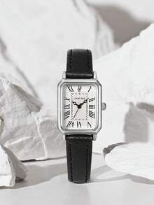 1 件 LUCKYFOX 锌合金复古石英方形表盘皮革表带手表，适合青年、学生、休闲日常生活、返校 - 黑色 - 查看 2