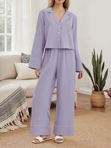 Women's 2 Piece Lounge Set Long Sleeve Lapel Button Up Shirt Pants Casual Sets