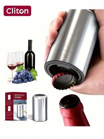 CLITON Stainless Steel Beer Bottle Opener, Automatic Push Down No Damage To Bottle Cap, Quick To Open Small Portable Bottle Cap Openers For Home Bars Picnic Camping Hiking,Wine Gifts For Men