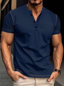 Bộ đồ nam 100% cotton gồm áo thun cổ Henley tay ngắn và quần short in họa tiết, thích hợp cho du lịch, nghỉ dưỡng và cắm trại ngoài trời. - Màu xanh hải quân - Xem 1