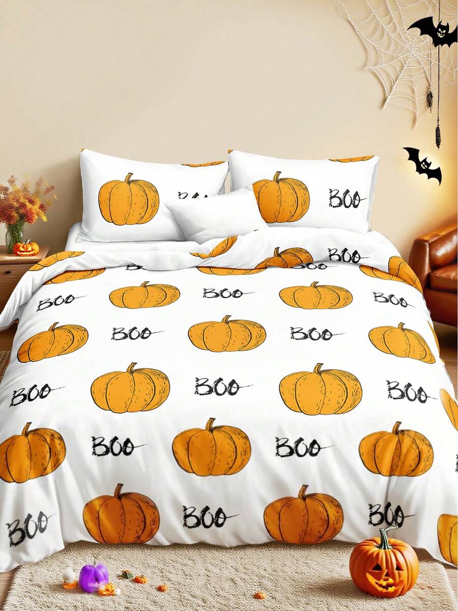 Bộ 3 vỏ chăn in kỹ thuật số hình bí ngô ma dễ thương Halloween (1 vỏ chăn & 2 vỏ gối) Bộ chăn ga trải giường mềm mại và thân thiện với da cho gia đình, Bộ ga trải giường cho mọi mùa Quà tặng Halloween - Nhiều màu - Xem 1
