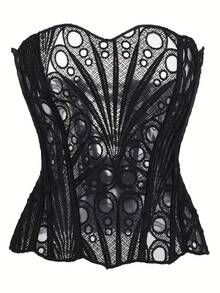 1pc Black Textured Sheer Floral Lace Corset Hollowed Out Bustier Cute Crop Top For Daily Wear/Party/Wedding - màu đen - Xem 7