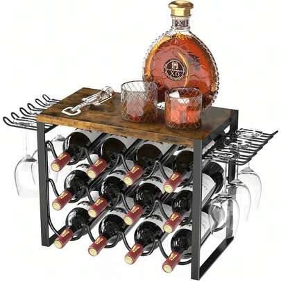 SIDIANBAN Countertop Wine Rack, Wooden Wine Holder With Tray, Hold 6 Wine Bottles And 4 Glasses Rack, Freestanding Wine Rack For Home, Kitchen, Bar Table, Wine Cellar, Cabinet