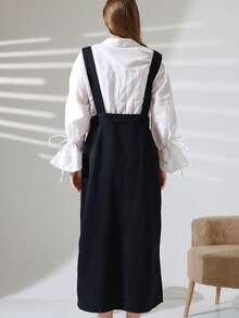 Women's Casual Solid Color Front Button Pocket Denim Dress - Black - View 8