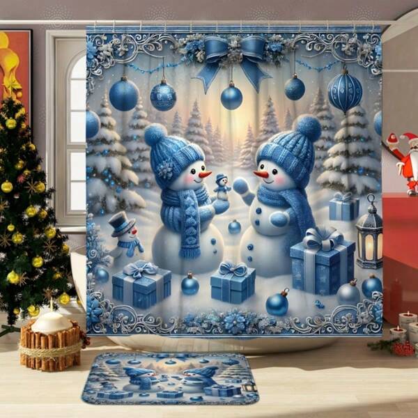 1/4 طقم حمام شتوي عيد الميلاد، ستارة نافذة الحمام مجموعة الاستحمام، كرة عيد الميلاد رجل الثلج هدية زرقاء جميلة ستارة الاستحمام، مصنوعة من مادة بوليستر مقاومة للماء، قابلة للغسيل، مناسبة لعيد الميلاد، الاستحمام، ديكور المنزل، الديكورات. تشمل مجموعة ستارة الاستحمام 12 خطاف، حصيرة حمام مانعة للانزلاق، على شكل حرف U، غطاء مقعد المرحاض واكسسوارات الحمام، مناسبة لديكور الحمام، ديكور عيد الميلاد، العطلات، الديكور اليومي