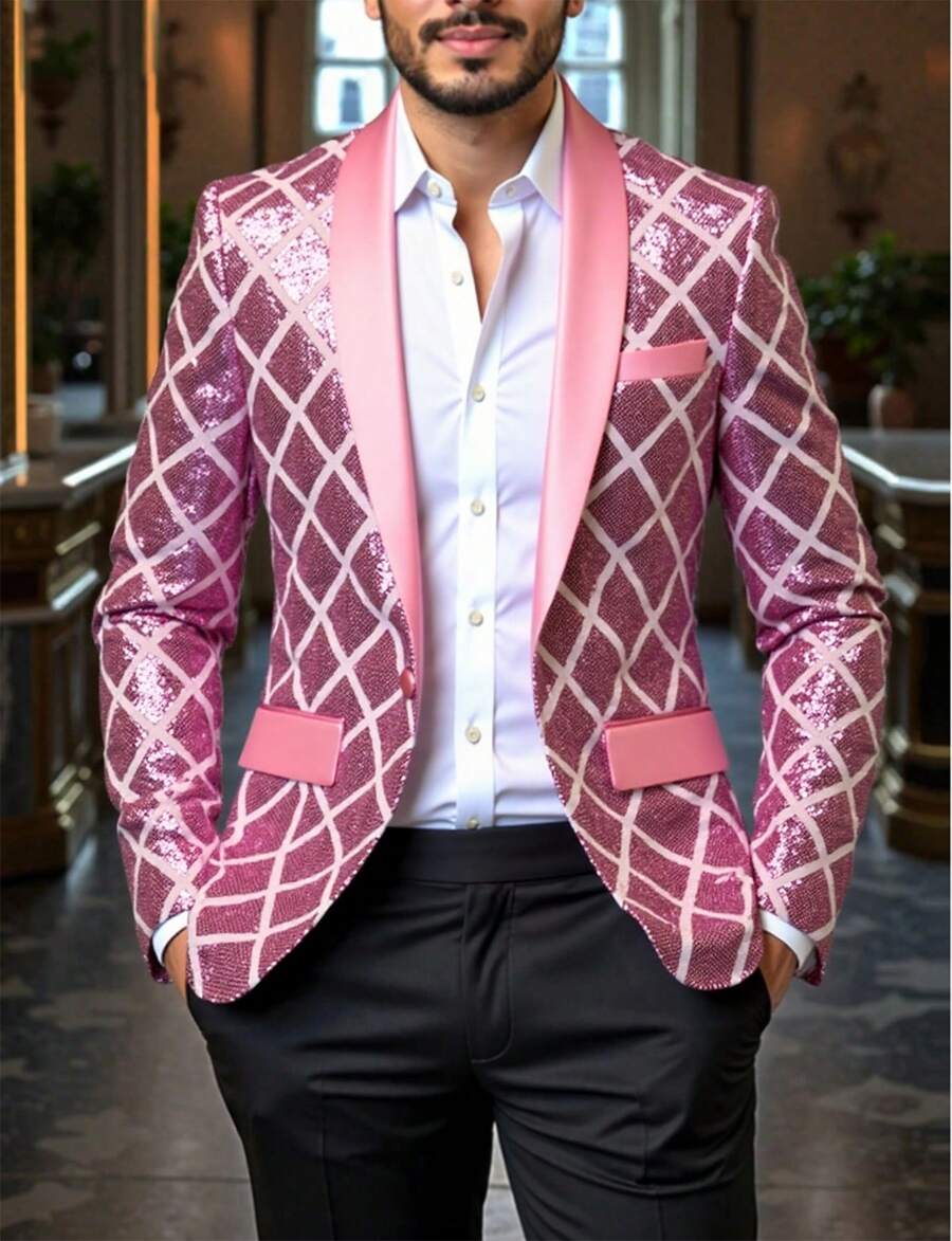 Men's Sequined Single Breasted Suit Jacket Is Perfect For Dinner Parties, Parties, Graduation Ceremonies, And Christmas Parties,  Formal Jackets For Weddings, Dances, And Nightclubs. - Hồng - Xem 1