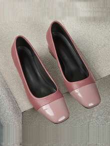 优雅女士紫色和粉色粗跟高帮鞋 - 时尚双色设计，轻质合成鞋面，透气休闲风格，浅口鞋，秋季，低厚鞋底舒适，日常时尚高跟鞋 | 时尚鞋头设计 | 透气结构 - 粉色 - 查看 5