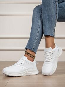 Tênis Feminino Plus Size De Cano Baixo, De Branco, Com Cadarço, Para Atividades Ao Ar Livre, Tênis De Corrida Casual Antiderrapante E À Prova D'Água, Adequados Para Primavera, Outono E Todas As Estações - Branco - Ver 5