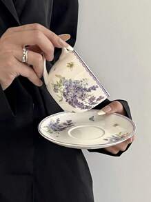 1 Set Taza y platillo de cerámica con diseño romántico de campo lavanda, taza de té con delicadas flores moradas, taza con encaje estilo femenino, taza para leche, taza de café y platillo, serie de vajilla de princesa, té de tarde en el jardín, regalo de cumpleaños