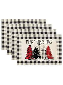 4/6 piezas Manteles individuales con estampado a cuadros búfalo de árbol de Navidad, estilo retro de lino aislado antideslizante, adecuados para decoración de mesa de cocina en el hogar, ambiente navideño, decoración rústica, suministros para fiestas, regalo