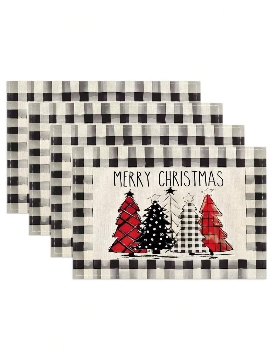 4/6 piezas Manteles individuales con estampado a cuadros búfalo de árbol de Navidad, estilo retro de lino aislado antideslizante, adecuados para decoración de mesa de cocina en el hogar, ambiente navideño, decoración rústica, suministros para fiestas, regalo