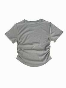 Women's Summer Round Neck Rhinestone Bowknot Design Waist Fitted Short Sleeve T-Shirt Casual - Grey - View 2