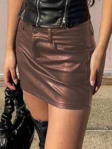 MYOURSA 棕色仿皮紧身迷你裙，休闲夏季款 - 棕色 - 查看 4