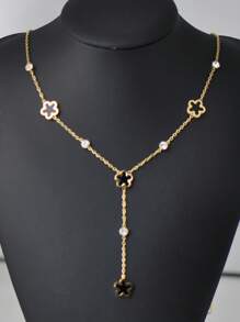 1 件女式不锈钢白色贝壳花形锆石 Y 形项链，时尚珠宝，18K 镀金 - 金色 - 查看 3