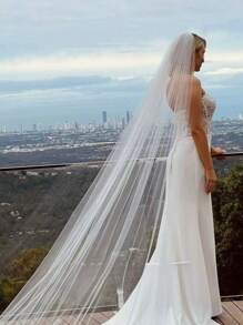 1pc Solid Color Long Simple Elegant Single Layer Bridal Veil, Suitable For Weddings, Soft Mesh Women's Holiday Headpiece Fall Clothes For Women