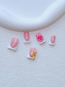 10片装Y2K风格杏仁形美甲贴片套装 - 手工制作，粉色美甲，白色法式风格，手工3D粉色和黄色花朵，金色小钢珠花芯，手绘3D透明图案设计，闪亮金色小钢珠点缀 - 适合女性和女孩，派对、婚礼、日常佩戴、DIY美甲，包含工具包。手工美甲贴片。假指甲。美甲用品。美甲用品。美甲。手工美甲贴片 - 彩色 - 查看 3