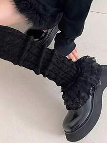 1双女士黑色洛丽塔蝴蝶结蕾丝边扭结腿套，舒适保暖 - 黑色 - 查看 4