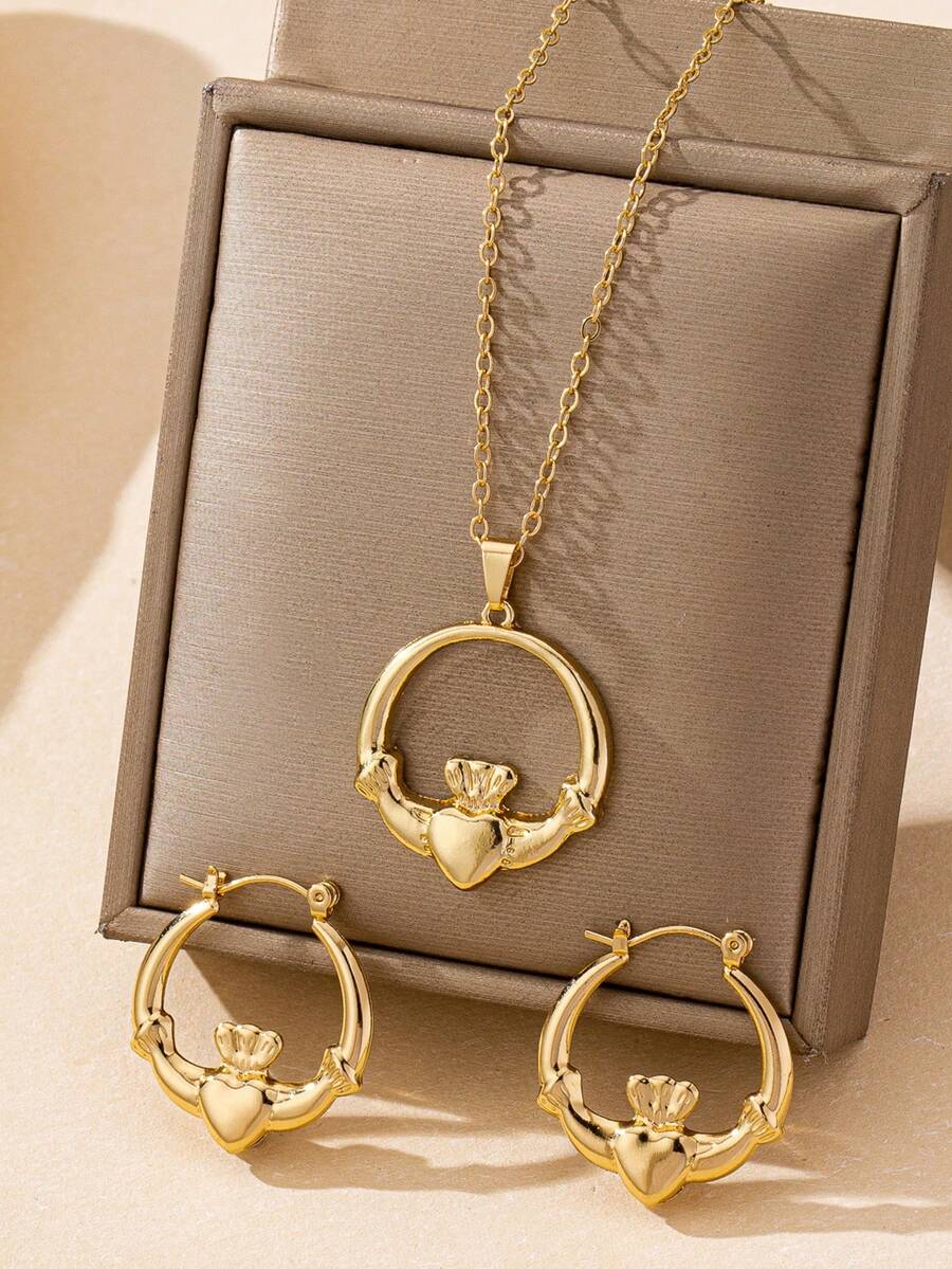 3 Stücke Set Damenschmuck, geometrischer Kreis Krone Herz Flügel Anhänger Halskette & Ohrringe, vintage elegant modisch, geeignet für Valentinstag, Party, Bankett und täglichen Gebrauch - Goldgelb - Übersicht 1