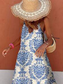 tooluck Women's All-Over Floral Print With Leaves, Bohemian Style, Elegant Ruffled Hem, Holiday Beach Suspender Maxi Dress - Màu xanh lam - Xem 4