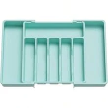 Caja de almacenamiento de vajilla, bandeja retráctil para vajilla, bandeja de vajilla para cajón de cocina, caja de almacenamiento compacta ajustable para vajilla, cuchara, tenedor, cuchillo, tamaño, negro - Turquesa - Ver 4
