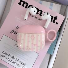 兔子条纹和花卉双层耳机盒 + 吊坠套装，适用于 Apple Pro 2 保护套/Pro 保护套/4 保护套/3 保护套/2 保护套，时尚女士耳机盒，简约耳机盒，Apple 耳机盒，Apple 耳机保护套 - 粉色 - 查看 2