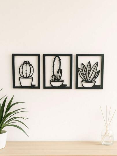 Trio de Quadros mini Cactos em MDF Preto 10x10
