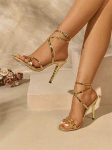 Elegant Shiny Patent Leather Cross Straps Women High Heel Sandals, Suitable For Street, Business, Vacation, Party, Wedding, Nightclub, Music Festival - Gold - View 2