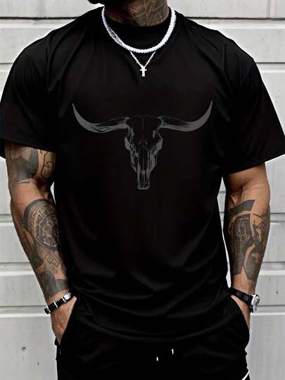 100% Cotton Western Boho Cow Skull Cow Cow Bull Skull Vintage T-Shirt Street Hip-Hop Style Men's T-Shirt