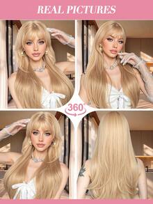 26 Inch Blonde Long Loose Wave Wig With Neat Bangs, Suitable For Halloween, Christmas, Carnival, And Other Holiday Wear, Can Be Worn In Daily Life, Heat-Resistant Synthetic Fiber Can Be Styled And Dyed, Adjustable Rose Net Wigs, Breathable For Summer - Vàng - Xem 8