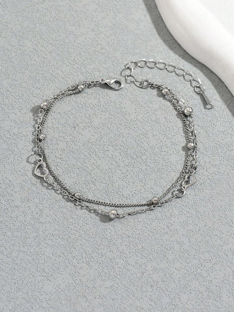 1pc Double-Layer Heart Shape Bracelet, Romantic & Feminine, Suitable Gift For Women, Students, Friends, Birthday/Anniversary - Silver - View 1