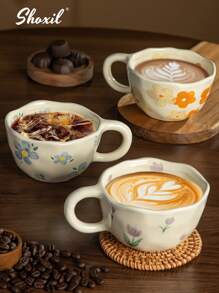 shoxil 1 pieza Taza de café de cerámica, taza para el desayuno, taza de café con diseño de flores, para hotel, oficina y hogar - taza de café - Ver 3