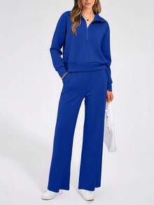 Women's 2 Piece Outfits Casual Lapel Half Zip Sweatshirts And Wide Leg Pants Tracksuit Sets - 寶藍色 - 查看 1