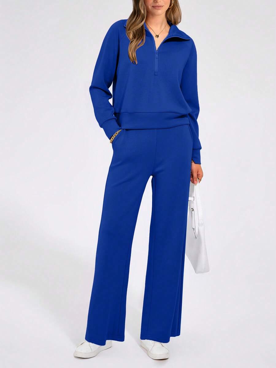 Women's 2 Piece Outfits Casual Lapel Half Zip Sweatshirts And Wide Leg Pants Tracksuit Sets - 寶藍色 - 查看 1