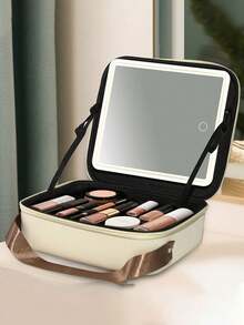 1pc Leather Makeup Bag With Mirror & Lights, Large Capacity Travel Makeup Case, Convenient For Shopping And Travel, Leakproof, Suitable As A Gift - Multicolor - View 3