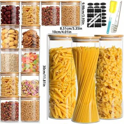 15-Piece Glass Storage Jar Gift Package, 2200ml 74 Ounces And 12 Pieces, 17 Ounces (500 Ml) Wide-Mouth Transparent Glass Food Storage Container, Glass Kitchen Jar With Coffee Beans, Noodles, Nuts And More Dry Goods Labels, Glass Jars With Pasta Claws, Cleaning Brushes, Stickers And Pens.