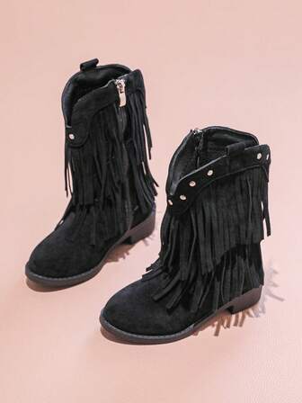 1 Pair Teenage Western Cowboy Boots With Fringe, Fashionable & Minimalist Design, Comfortable For Girls