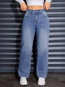 Plus Size Women's Fashion Solid Blue Washed Denim Cat Whisker Pocket Rigid Denim Wide Leg Jeans, Casual Wear For Spring, Summer, Autumn, Winter