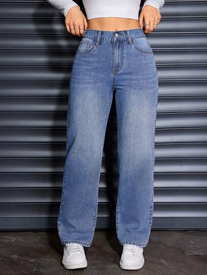 Plus Size Women's Fashion Solid Blue Washed Denim Cat Whisker Pocket Rigid Denim Wide Leg Jeans, Casual Wear For Spring, Summer, Autumn, Winter