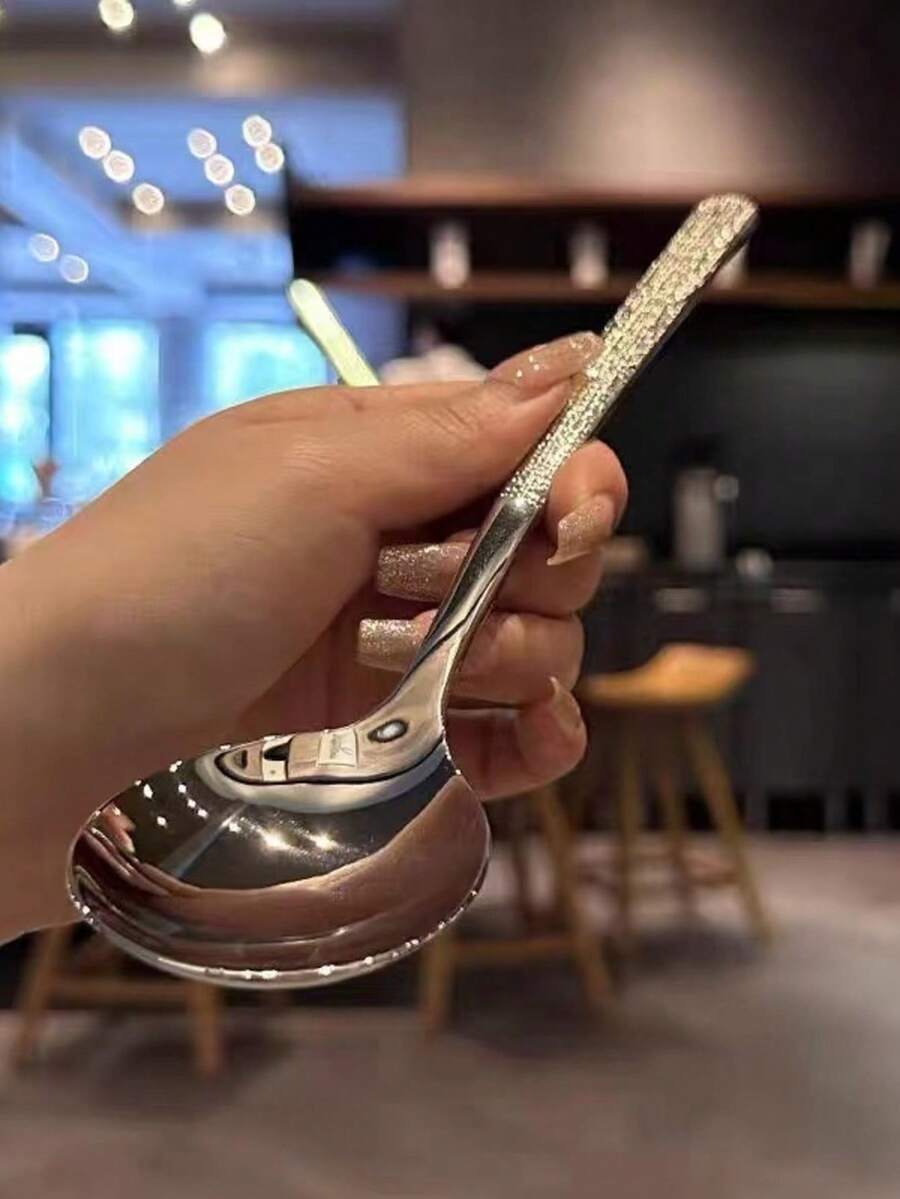 Edelstahl Hammerschlag-Textur koreanischer Stil Langstiel Löffel, Dessert Esslöffel, Haushalts Rundkopf Esslöffel, Suppenlöffel