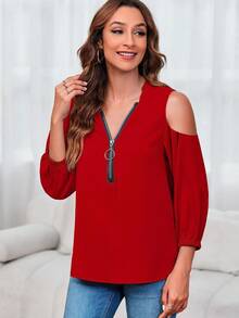 Womens V-Neck Lantern Sleeve Blouse Zipper Design Loose Casual Top Shirts - 紅色 - 查看 4