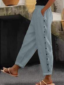 纯色弹力腰带可调节抽绳侧边纽扣口袋女裤 - 适合休闲、居家和户外活动，春季款 - 灰色 - 查看 3