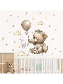1pc Cute Teddy Bear Wall Decals With Balloons - Cloud And Star Nursery Decor, Removable Vinyl Kids Room Stickers & Balloon Wall Stickers - Multicolor - View 9